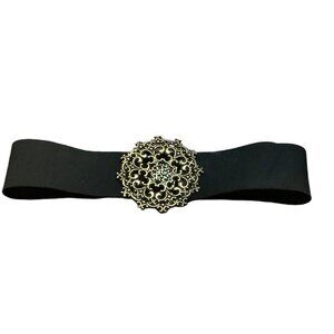 Vtg Elastic Waist Belt With Ornate Gold-Tone‎ Scroll Floral Buckle